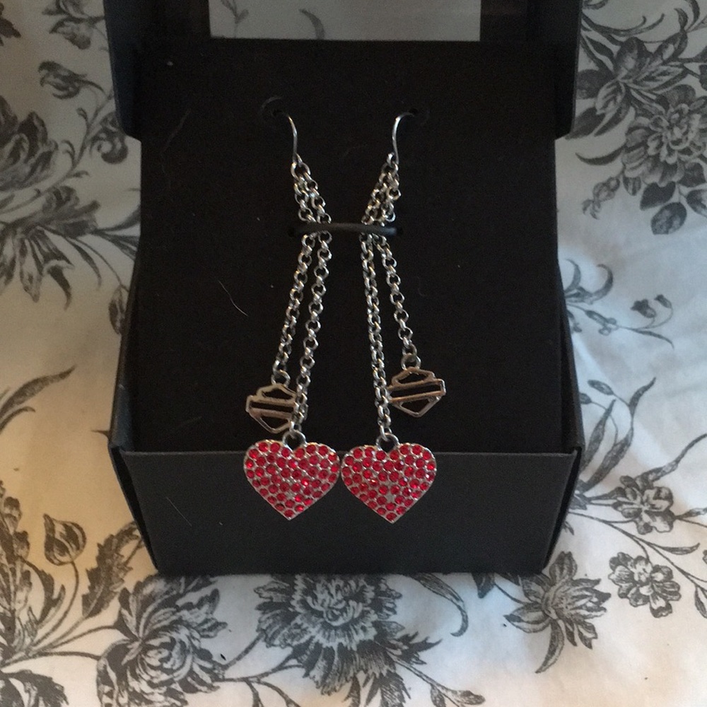 Harley Davidson dangle earrings w/red hearts